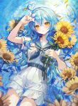  1girl ahoge blue_hair blue_nails commentary_request flower heart heart_ahoge highres holding holding_flower hololive kudou_(sikisiki0000) long_hair looking_at_viewer nail_polish parted_lips partially_submerged school_uniform serafuku shirt short_sleeves skirt solo sunflower virtual_youtuber water white_shirt white_skirt yellow_eyes yukihana_lamy 