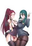  2girls absurdres assisted_exposure asymmetrical_docking backless_dress backless_outfit bare_shoulders black_gloves blush braid braided_ponytail breast_press breasts cleavage clothes_lift commission commissioner_upload cowboy_shot demotori dress dress_lift elbow_gloves embarrassed fire_emblem fire_emblem_heroes formal garter_belt gloves green_hair green_panties hair_between_eyes hair_ornament highres large_breasts lips loki_(fire_emblem) long_hair long_sleeves looking_at_viewer mature_female multiple_girls necktie non-web_source official_alternate_costume open_mouth panties pantyhose ponytail purple_dress purple_eyes purple_hair purple_panties single_braid skirt skirt_lift thighhighs thighs thorr_(fire_emblem) transparent_background underwear v yellow_eyes 