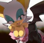  2023 anthro armwear bare_shoulders bat boots breasts cleavage clothed clothing eyeshadow female footwear fur half-closed_eyes hi_res lipstick looking_at_viewer makeup mammal narrowed_eyes open_mouth open_smile pachirisus rouge_the_bat sega simple_background smile solo sonic_the_hedgehog_(series) tan_body tan_skin white_body white_fur wings 