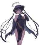  1girl bare_shoulders black_dress black_gloves black_hair black_jacket blue_archive blue_eyes breasts china_dress chinese_clothes covered_navel doggo34476335 double_bun dragon_print dress gloves hair_bun halo hand_up highres jacket kisaki_(blue_archive) long_hair long_sleeves looking_at_viewer medium_breasts no_panties off_shoulder open_clothes open_jacket parted_lips pelvic_curtain print_dress revision simple_background sleeveless sleeveless_dress solo striped striped_jacket taut_clothes taut_dress thighs twintails very_long_hair white_background 