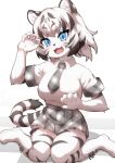  1girl absurdres animal_ears animal_nose arm_up black_fur black_hair blue_eyes body_fur boots breast_pocket brown_hair claw_pose claws collared_shirt colored_inner_hair ev_(kemomimizuku) fangs full_body furrification furry furry_female hand_up head_tilt highres kemono_friends looking_at_viewer medium_hair miniskirt multicolored_fur multicolored_hair necktie open_mouth plaid plaid_necktie plaid_skirt plaid_sleeves plaid_trim pleated_skirt pocket shirt short_sleeves sitting skirt smile snout solo striped_tail tail tiger_ears tiger_girl tiger_tail two-tone_fur wariza white_footwear white_fur white_hair white_shirt white_tiger_(kemono_friends) wing_collar 