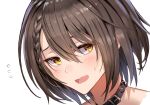  1girl azur_lane baltimore_(azur_lane) black_collar blush braid brown_hair collar commentary_request flying_sweatdrops french_braid hair_between_eyes highres iitsumonemu looking_to_the_side open_mouth portrait short_hair sidelocks simple_background solo sweat white_background yellow_eyes 