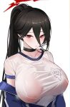  1girl absurdres ateoyh black_choker black_hair blue_archive blue_jacket breasts choker closed_mouth covered_nipples halo has_bad_revision has_cropped_revision hasumi_(blue_archive) hasumi_(track)_(blue_archive) high_ponytail highres huge_breasts jacket mole mole_under_eye off_shoulder official_alternate_costume red_eyes see-through see-through_shirt solo track_jacket upper_body 