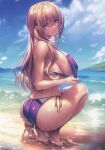  1girl absurdres ass bikini blonde_hair blue_eyes blue_sky breasts cloud cloudy_sky day full_body hanikami_kanojo highres kurumi_shinoha long_hair looking_at_viewer looking_back medium_breasts mole mole_under_mouth ocean outdoors parted_lips piromizu pulled_by_self scan shiny_skin shore side-tie_bikini_bottom sideboob simple_background sky solo squatting swimsuit tan tanlines thighs water 