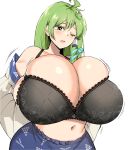  1girl absurdres arms_behind_back bangs black_bra blush bra breasts breasts_squeezed_together bursting_breasts cleavage commission gigantic_breasts green_eyes green_hair hair_between_eyes hair_ornament highres kochiya_sanae long_hair looking_down navel partially_undressed pixiv_commission simple_background steaming_body tannkobuiwa touhou translation_request underwear undressing white_background 