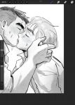  2boys art_program_in_frame bara black_hair blush couple david_king_(dead_by_daylight) dead_by_daylight felix_richter french_kiss from_side greyscale hand_on_another&#039;s_cheek hand_on_another&#039;s_face highres kiss male_focus mature_male monochrome multiple_boys profile short_hair sparse_stubble sweat thick_eyebrows undercut unfinished upper_body very_sweaty wasted_m9 yaoi 