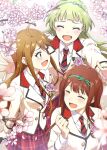  3girls ^_^ ahoge ayano_yuu_(sonma_1426) blue_eyes blush brown_hair cherry_blossoms closed_eyes corsage dot_nose emblem falling_petals flower glomp graduation green_hair green_ribbon hairband hands_up happy_tears highres hug idolmaster idolmaster_million_live! idolmaster_million_live!_theater_days jacket long_hair long_sleeves looking_at_another multiple_girls open_mouth petals pink_flower pink_rose plaid plaid_skirt pleated_skirt red_skirt ribbon rose school_uniform shimabara_elena shirt skirt smile swept_bangs tanaka_kotoha tears tokoro_megumi vest white_jacket white_shirt 