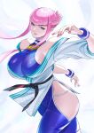  1girl blue_eyes breasts dougi ema_(emaura) hime_cut hip_vent large_breasts manon_(street_fighter) martial_arts_belt off_shoulder panty_straps pink_hair short_hair_with_long_locks sidelocks solo street_fighter street_fighter_6 wristband 