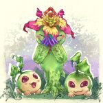  blush digimon digimon_(creature) ellidena flower full_body looking_at_viewer no_humans open_mouth palmon petals plant_monster sharp_teeth tanemon teeth 