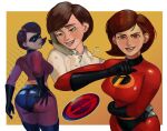  1girl absurdres black_gloves black_panties bodysuit brown_eyes brown_hair domino_mask dual_persona elastigirl elbow_gloves gloves helen_parr highres jumboiiii looking_at_viewer mask multiple_views open_mouth panties phone red_bodysuit short_hair spandex superhero teeth the_incredibles underwear 