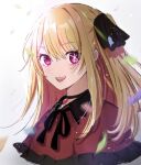  1girl :d black_choker black_ribbon blonde_hair choker confetti cropped_torso frills hair_between_eyes hair_ribbon hoshino_ruby long_hair looking_at_viewer one_side_up open_mouth oshi_no_ko pink_eyes red_shawl ribbon shawl sidelocks smile solo star_(symbol) star_in_eye symbol_in_eye tsubaki_yu upper_body 