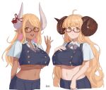 2girls ahoge blonde_hair breasts character_request cropped_legs dark-skinned_female dark_skin fikkyun glasses granblue_fantasy highres horns long_hair multiple_girls open_mouth pointy_ears shirt signature simple_background smile sweatdrop teeth underboob upper_teeth_only white_background white_shirt 