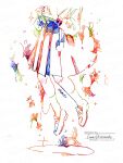 1girl absurdres artist_name colorful commentary_request floating hatching_(texture) highres loafers long_sleeves lower_body original pleated_skirt shirt shoes skirt socks solo sparkle traditional_media watanabe_tomari watermark white_background 