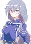  1girl blue_eyes blue_shirt blue_sleeves chinese_clothes fu_hua fu_hua_(valkyrie_accipiter) grey_hair hair_between_eyes honkai_(series) honkai_impact_3rd long_hair long_sleeves mandarin_collar red-framed_eyewear satoyukitowa shirt simple_background smile solo upper_body white_background 