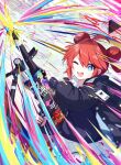  1girl ahoge black_jacket blue_archive blue_eyes double_bun firing general_dynamics_lwmmg gun hair_bun halo highres holding holding_gun holding_weapon jacket looking_at_viewer machine_gun maki_(blue_archive) makolas97 one_eye_closed open_mouth red_hair shirt smile solo upper_body weapon white_shirt 