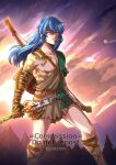  1boy aqua_eyes blue_hair body_markings bow_(weapon) broken broken_sword broken_weapon commentary cosplay feet_out_of_frame fire_emblem fire_emblem:_genealogy_of_the_holy_war gzei headband highres link link_(cosplay) long_hair master_sword no_pants prosthesis prosthetic_arm seliph_(fire_emblem) solo standing sword the_legend_of_zelda the_legend_of_zelda:_tears_of_the_kingdom tunic tyrfing_(fire_emblem) weapon 