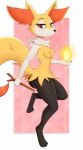  2023 anthro braixen breasts canid casual_nudity elemental_manipulation female fire fire_manipulation full-length_portrait fur generation_6_pokemon hi_res inner_ear_fluff kobradraws looking_at_viewer mammal nintendo nipples nude on_one_leg pokemon pokemon_(species) portrait smile solo standing tuft yellow_body yellow_fur 