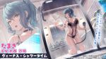  1girl against_glass azur_lane bare_shoulders bathtub black_choker black_one-piece_swimsuit breast_press breasts choker collarbone dead_or_alive dead_or_alive_xtreme glass_writing heart highres holding holding_shower_head kneeling large_breasts long_hair looking_at_viewer mirror multicolored_hair navel official_alternate_costume official_art one-piece_swimsuit plant ponytail potted_plant shower_head skindentation soap_bottle streaked_hair swimsuit tamaki_(doa) thighs water zoom_layer 