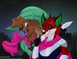  2019 anthro artist_name bat black_ears black_nose black_sclera brown_body brown_eyes brown_fur canid canine castle clothed clothing cosplay deltarune duo eyewear felid fox fur glasses green_clothing green_eyes green_hat green_headwear green_inner_ear hat headgear headwear holding_object holding_sword holding_weapon hybrid kris_(deltarune) lion male mammal melee_weapon open_mouth open_smile outside pantherine pink_scarf purple_tongue ralsei red_body red_fur round_glasses scarf sky smile star starry_sky sword text tongue undertale_(series) url victor_johansen viola_bat viola_bat_(character) weapon wearing_glasses 
