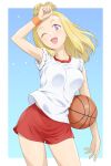  1girl ;d arm_up ball basketball_(object) blonde_hair blue_background border breasts carrying commentary_request cowboy_shot gym_shirt gym_shorts gym_uniform happy highres ichikawa_masahiro large_breasts long_hair looking_at_viewer okada_akane one_eye_closed open_mouth outside_border pink_eyes red_shorts shirt shorts sleeves_rolled_up smile solo standing sweat sweatband topknot watashi_ga_motenai_no_wa_dou_kangaetemo_omaera_ga_warui! white_border white_shirt wristband 