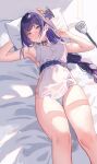  1girl absurdres apron armpits arms_up bare_legs bed_sheet blunt_bangs blush braid duzizai feet_out_of_frame flower genshin_impact hair_flower hair_ornament highres ladle long_hair looking_at_viewer lying nearly_naked_apron on_back on_bed panties parted_lips purple_eyes purple_flower purple_hair raiden_shogun single_braid smile solo thigh_gap thighs underwear very_long_hair white_apron white_panties 