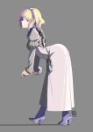  1girl automatic_giraffe bent_over blonde_hair blue_eyes commentary constance_von_nuvelle english_commentary fire_emblem fire_emblem:_three_houses full_body grey_background high_heels highres long_sleeves looking_at_viewer shadow short_hair simple_background smile solo standing watermark 