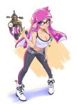  1girl black_leggings blue_eyes boots breasts cleavage crop_top english_commentary eyelashes glasses gun highres holding holding_gun holding_weapon inkling inkling_girl leggings long_hair pink_hair pointy_ears seatha smile solo splash-o-matic_(splatoon) splatoon_(series) teeth weapon white_background white_footwear 