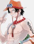  1boy abs bandaid bandaid_on_face bandaid_on_nose bead_necklace beads black_eyes black_hair blurry commentary_request depth_of_field grin hat highres holding jewelry kotaa male_focus necklace one_piece portgas_d._ace smile solo toned toned_male topless_male twitter_username 