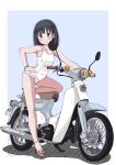  1girl black_hair blue_background blush bob_cut bracelet closed_mouth eniwa_shii hand_on_own_hip high_heels highres jewelry legs moped motor_vehicle one-piece_swimsuit school_swimsuit simple_background sin_rg super_cub swimsuit white_one-piece_swimsuit 