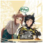  2girls air_shakur_(umamusume) animal_ears bag black_hair black_headwear black_shirt breasts brown_hair brown_sweater clenched_teeth computer cup ear-to-ear ears_through_headwear fine_motion_(umamusume) food fruit green_eyes green_skirt hair_bun handbag hat headphones_for_animal_ears horse_ears horse_girl horse_tail kakuchoshi laptop long_hair long_sleeves multiple_girls off-shoulder_sweater off_shoulder orange_(fruit) orange_slice plate sharp_teeth shirt short_hair shoulder_bag sitting skirt small_breasts sound_effects speech_bubble standing steam surprised sweatdrop sweater table tail teacup teeth umamusume yellow_background yellow_eyes 