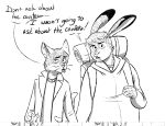  anthro backpack bangs cat_tail clothed clothing dialogue domestic_cat duo ear_piercing english_text felid feline felis fully_clothed gammija handpaw hare hi_res hoodie jacket jonathan_sims lagomorph leporid long_ears male mammal martin_blackwood notched_ear pawpads paws piercing speech_bubble sweater text the_magnus_archives topwear 
