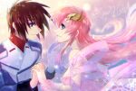  1boy 1girl blue_eyes breasts brown_hair closed_mouth couple dress eye_contact floating_hair from_side grin gundam gundam_seed hair_between_eyes hetero holding_hands interlocked_fingers kira_yamato lacus_clyne long_hair looking_at_another medium_breasts military military_uniform open_mouth pink_dress pink_hair profile purple_eyes short_hair sideboob smile strapless strapless_dress twitter_username uniform wave_hair_ornament yuuka_seisen 
