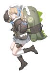  1girl absurdres animal_bag backpack bag bandaid bandaid_on_knee bandaid_on_leg beret black_footwear black_jacket blue_bow boots bow cheogtanbyeong double_v fingerless_gloves full_body girls&#039;_frontline girls&#039;_frontline_2:_exilium gloves hair_bow hat highres jacket one_eye_closed one_side_up pleated_skirt shoulder_bag skirt smile socks thigh_pouch v vepley_(girls&#039;_frontline_2) white_background white_headwear white_socks 