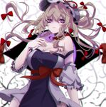  1girl blonde_hair bow detached_sleeves frilled_hat frilled_shirt_collar frilled_sleeves frills hair_bow hat hat_iue hat_ribbon highres long_hair mob_cap red_bow red_ribbon ribbon solo touhou white_background yakumo_yukari 