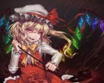  1girl adapted_costume bitaro blonde_hair bow bowtie breasts buttons center_frills cowboy_shot dark_background dress_shirt flandre_scarlet frilled_shirt_collar frilled_skirt frilled_sleeves frills hair_between_eyes hat hat_ribbon head_tilt holding holding_polearm holding_weapon laevatein_(touhou) long_sleeves looking_at_viewer medium_hair mob_cap one_side_up open_mouth pointy_ears polearm red_eyes red_ribbon red_skirt red_vest ribbon shirt simple_background skirt skirt_set small_breasts solo teeth touhou vest weapon white_headwear white_shirt yellow_bow yellow_bowtie 