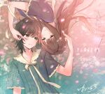  2girls :3 aqua_background black_hair blush copyright_name floating_hair flowers_(innocent_grey) gradient_background green_eyes hanekoto highres holding holding_petal long_hair multiple_girls petals pink_background rotational_symmetry school_uniform shirahane_suou short_hair short_sleeves signature smile very_long_hair yaegaki_erika yuri 