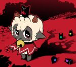  1girl :&gt; animal_ears bell black_background black_skin blush cape colored_skin crown crown_removed cult_of_the_lamb flower full_body furry furry_female holding holding_flower horizontal_pupils horns looking_at_viewer makuto_(maktophaius) neck_bell pointy_ears red_background red_cape red_crown_(cult_of_the_lamb) red_eyes red_flower shadow sheep_ears sheep_girl sheep_horns smile solo standing the_lamb_(cult_of_the_lamb) white_hair 