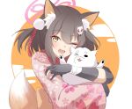  1girl animal_ear_fluff animal_ears animal_hug bandaged_arm bandages black_gloves blue_archive brown_hair colored_inner_animal_ears commentary_request creature egasumi eyeshadow fang floral_print_kimono fox_ears fox_girl fox_mask fox_tail gloves hair_ornament half_updo halo happy highres izuna_(blue_archive) japanese_clothes kimono makeup mask one_eye_closed one_side_up open_mouth partially_fingerless_gloves pink_halo pink_kimono pom_pom_(clothes) pom_pom_hair_ornament red_eyeshadow red_scarf rope scarf shimenawa short_hair skin_fang smile tail two-tone_background upper_body utyuueituu white_background yellow_background yellow_eyes 
