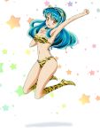  1girl animal_print aqua_hair bikini commentary_request full_body groin highres horns jumping kinfuji long_hair lum navel oni_horns orange_eyes print_boots print_footwear raised_fist solo starry_background strapless strapless_bikini swimsuit tiger_print urusei_yatsura white_background yellow_bikini yellow_footwear 