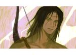  1boy abstract_background ashina_genichirou black_eyes black_hair bow_(weapon) closed_mouth collarbone looking_at_viewer male_focus mittsushi samurai scar scar_on_face scar_on_forehead sekiro:_shadows_die_twice serious short_hair solo topless_male upper_body weapon weapon_on_back 