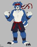  accessory anthro anthrofied bandai_namco blue_body blue_fur bottomwear canid canine claws clothing digimon digimon_(species) fist fur gaomon headband hi_res kj4402 male mammal muscular muscular_anthro muscular_male pecs shorts solo yellow_eyes 