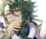  1boy animal_around_neck arm_guards baizhu_(genshin_impact) blue_shirt changsheng_(genshin_impact) genshin_impact glasses green_hair hair_between_eyes hair_ornament hair_stick hand_on_own_chin highres light_particles light_smile long_hair looking_at_viewer male_focus mayu_mey parted_lips portrait semi-rimless_eyewear shirt simple_background snake solo white_background white_snake yellow_eyes 