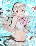  1girl bikini black_hairband black_ribbon breasts commentary_request corrin_(female)_(fire_emblem) corrin_(female)_(summer)_(fire_emblem) corrin_(fire_emblem) dragon_girl fire_emblem fire_emblem_fates fire_emblem_heroes fish flower flower_necklace flower_neckwear frilled_bikini frills grin hairband highres looking_at_viewer medium_breasts official_alternate_costume pointy_ears red_eyes ribbon sakura_no_yoru smile solo swimsuit waist_ribbon white_bikini white_hair 