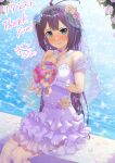  1boy antenna_hair aqua_eyes blush bouquet bride circlet commission crossdressing dress embarrassed ferdows flower gloves hair_flower hair_ornament highres holding holding_bouquet jewelry kokubyaku_no_avesta long_hair looking_at_viewer necklace okina_(805197) otoko_no_ko petals purple_hair shinza_bansho_series sitting skeb_commission veil very_long_hair water wedding_dress white_dress white_gloves 