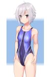  1girl absurdres ahoge blue_background blue_one-piece_swimsuit breasts commentary_request competition_swimsuit cowboy_shot grey_hair hair_between_eyes highres itomi_sayaka multicolored_clothes multicolored_swimsuit one-piece_swimsuit purple_eyes short_hair small_breasts solo standing swimsuit takafumi toji_no_miko two-tone_background variant_set yagasuri 
