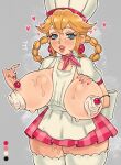  1girl apron blonde_hair blue_eyes blush braid breasts breasts_out chef chef_hat cherry color_guide covered_nipples cream_on_body earrings food fruit grey_background hat heart highres jewelry large_breasts long_hair looking_at_viewer mario_(series) pastry_chef_peach pink_nails princess_peach princess_peach:_showtime! smile solo sphere_earrings thick_thighs thighhighs thighs thirstformilk whipped_cream white_thighhighs 