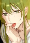  1other androgynous chain enkidu_(fate) fate/strange_fake fate_(series) glowing glowing_clothes glowing_eyes green_eyes green_hair hair_between_eyes highres long_hair looking_at_viewer male_focus robe rrr_(reason) shirt smile solo upper_body very_long_hair white_robe white_shirt yellow_eyes 