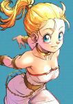  1girl absurdres aqua_background aqua_eyes bangle bare_shoulders blonde_hair blurry blurry_background bracelet breasts chain chrono_trigger cleavage collarbone gold_chain gold_choker hair_pulled_back hair_tie highres jewelry long_hair looking_at_viewer marle_(chrono_trigger) medium_breasts pants ponytail shirt signature smile solo strapless strapless_shirt strikebeagle white_pants white_romper 