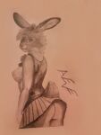  absurd_res anthro belt bottomwear breasts butt clothed clothing eevee_k exposed_breasts female fluffy fluffy_tail graphite_(artwork) hi_res lagomorph leporid looking_at_viewer looking_back looking_back_at_viewer mammal pencil_(artwork) rabbit raised_bottomwear raised_clothing raised_shirt raised_skirt raised_topwear shirt skirt solo tail topwear traditional_media_(artwork) tufted_fur 