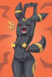  anthro biped black_body breasts cc-by-nc-nd censored censored_nipples creative_commons eeveelution fangs female generation_2_pokemon hi_res massivetwo nintendo one_eye_closed open_mouth pokemon pokemon_(species) raised_arms red_eyes solo stretching tail teeth umbreon yawn 
